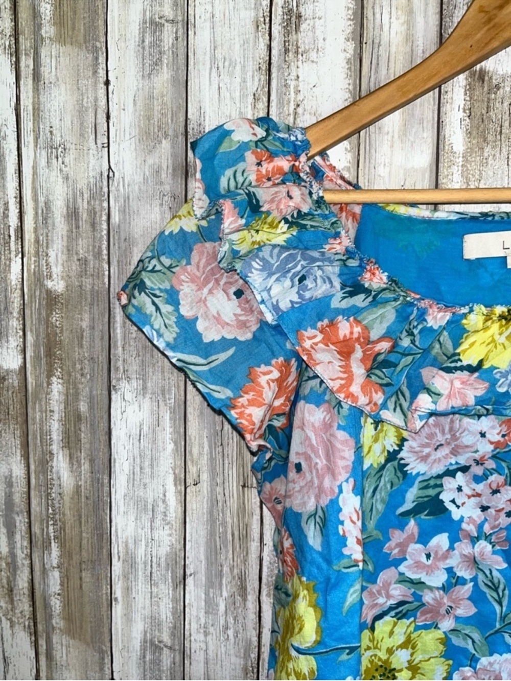 LOFT Floral Ruffle Neck Blouse Size L Blue Garden Print Boho Cottagecore Top - Picture 3 of 5